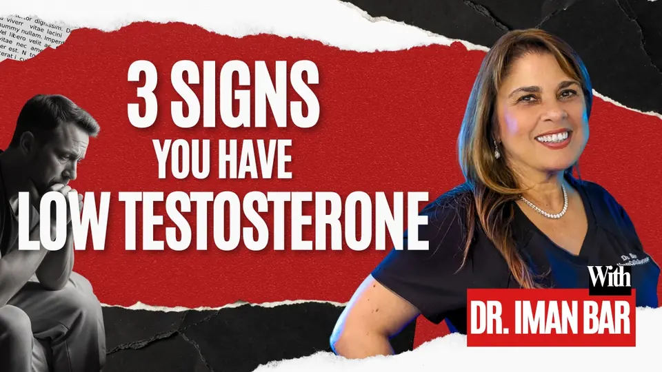 Thumbnail: a torn red and black hormone-health design featuring a physician and a downcast man, headline 3 Signs You Have Low Testosterone