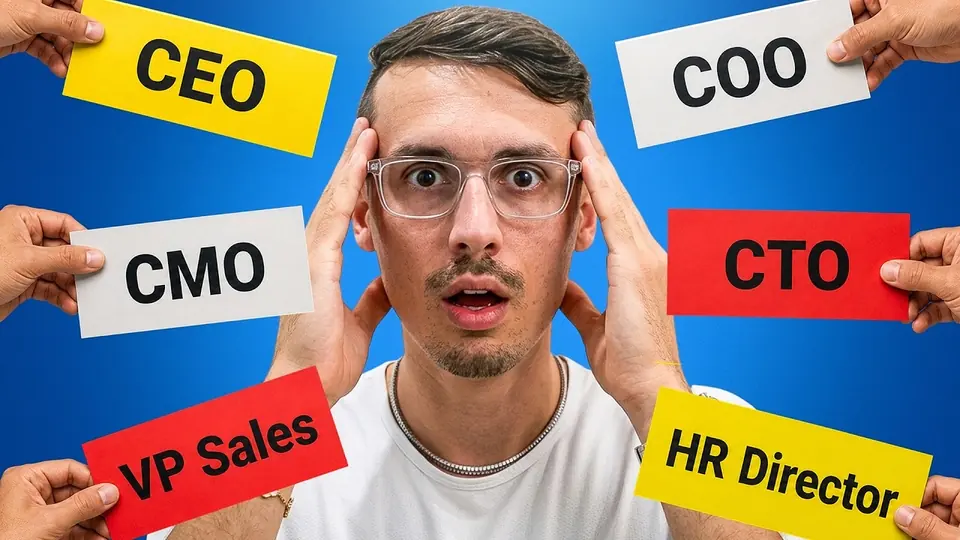 Thumbnail: a man surrounded by hands holding executive title cards on a blue background